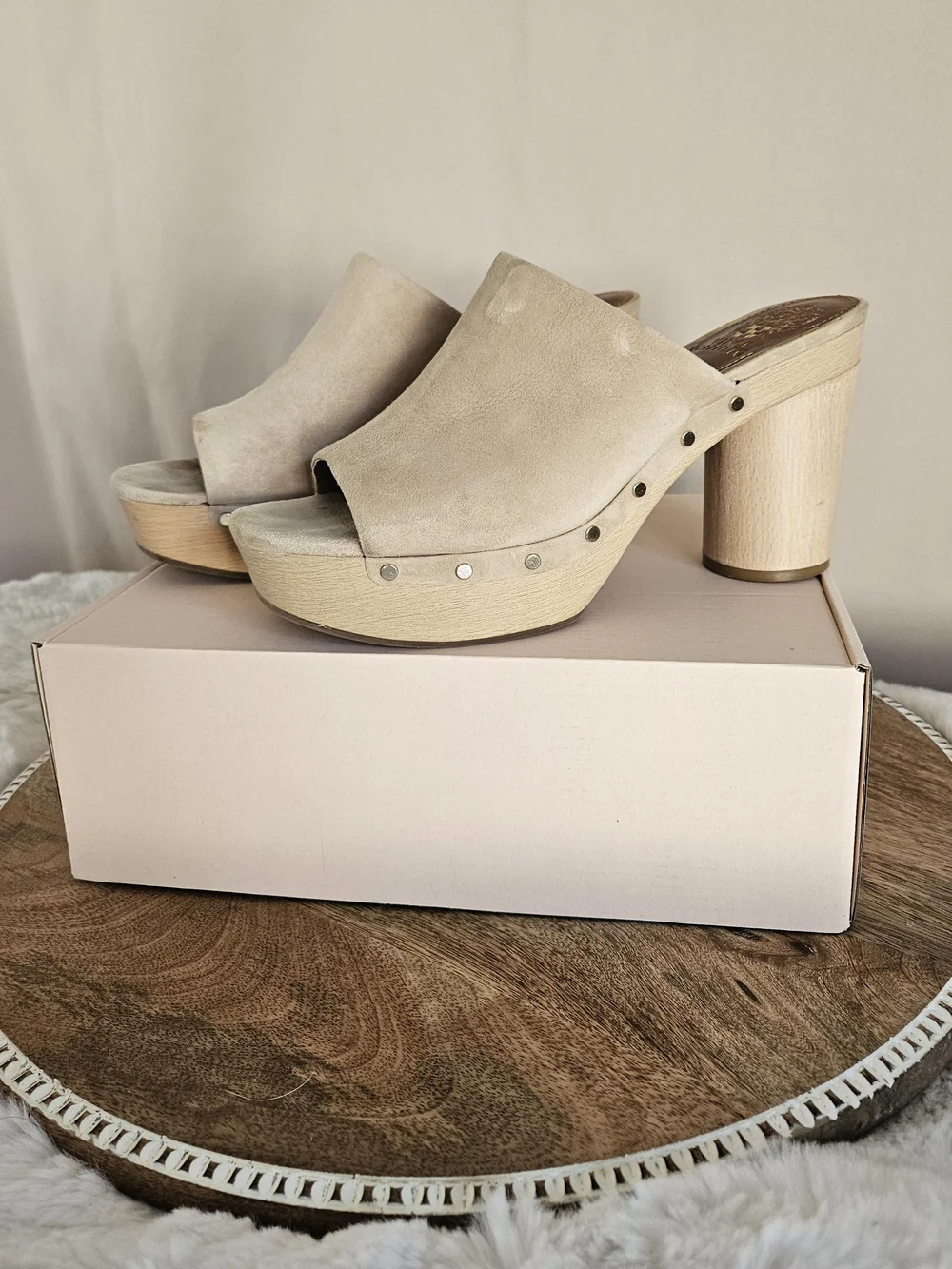 Vince Camuto Beige Suede Platform Mule Heels